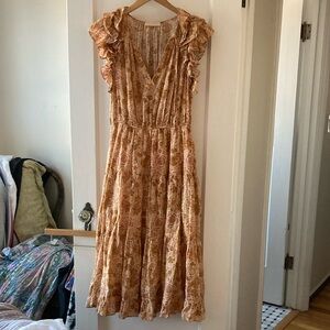 Ulla Johnson Floral Virginia Midi Dress in Meadow Size 8 Tan and Pink
